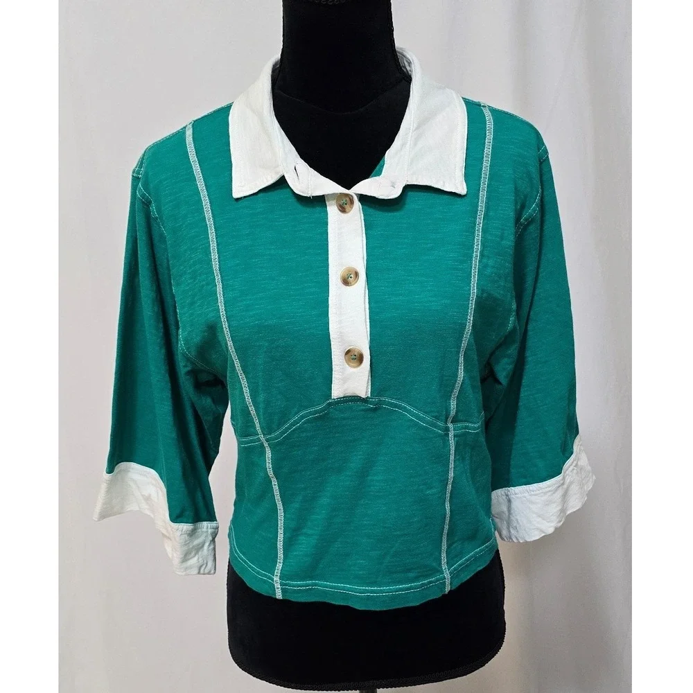 Pilcro Corset Inspired 3/4 Sleeve Polo Shirt Women M Green Anthropologie